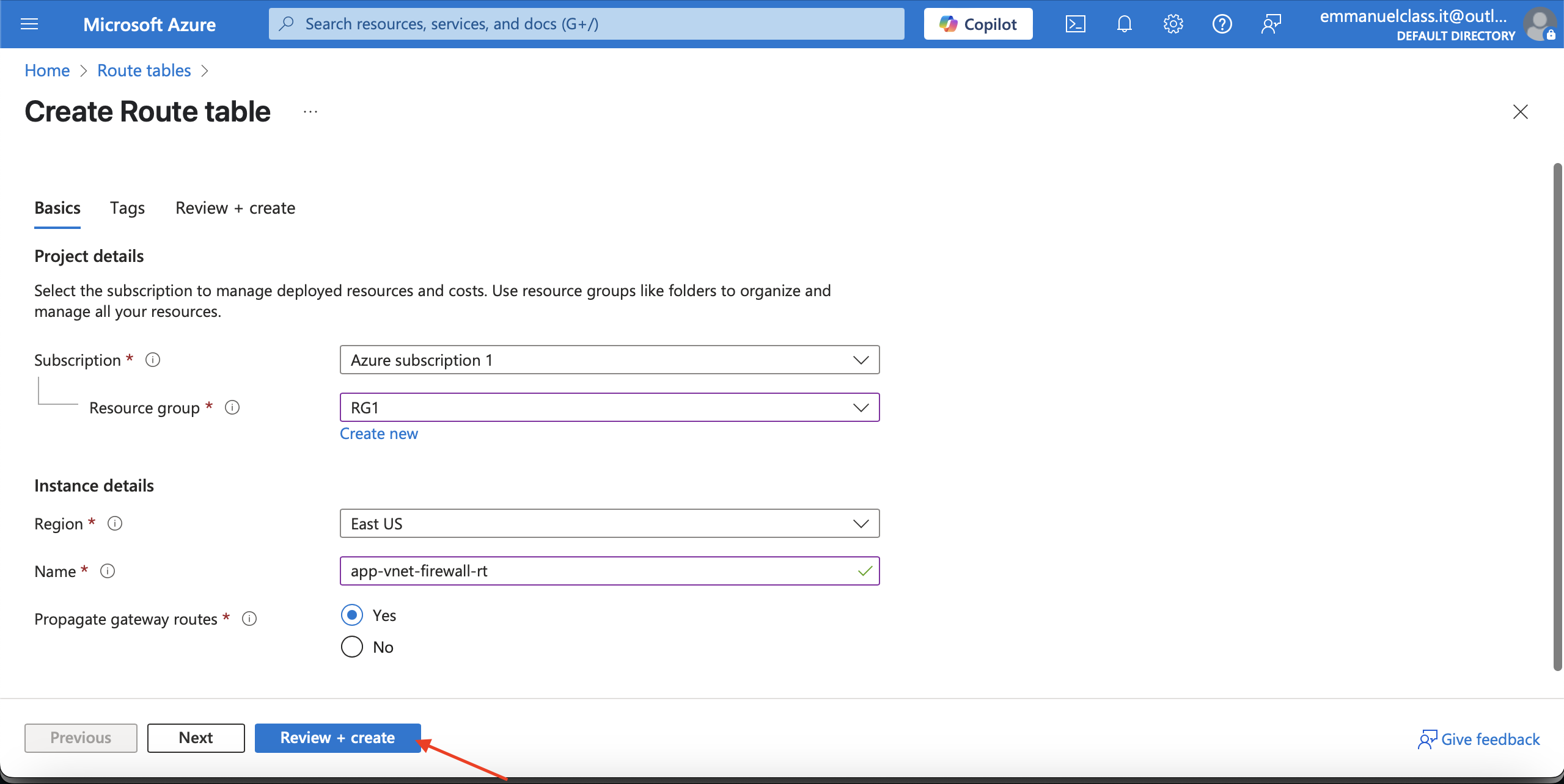 Review+Create to validate