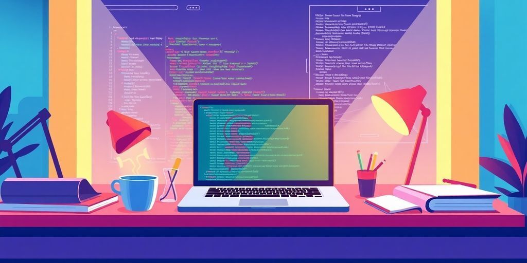 Illustrative developer workspace with laptop and coding elements.