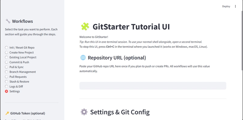 gitstarter Hybrid UI that automates Git-CLI workflows for beginners and GitHub-API tasks for power users