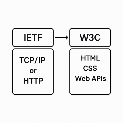 Diagram showing the relationship between IETF and W3C: IETF defines protocols like TCP/IP or HTTP, which flow into W3C standards like HTML, CSS, and Web APIs