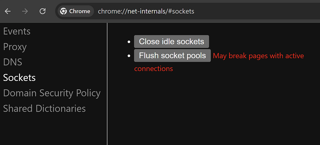 Screenshot of Chrome's net-internals page showing socket pool flushing option