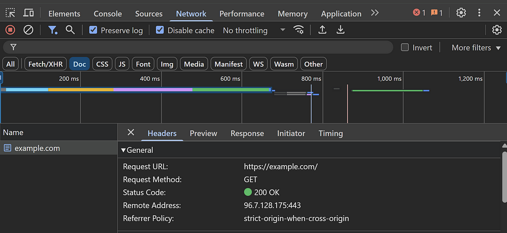 Screenshot of DevTools General tab with remote address and protocol information