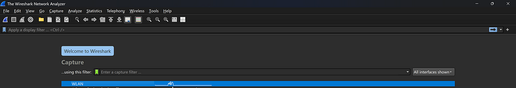 Screenshot of Wireshark interface selecting network adapter for traffic capture