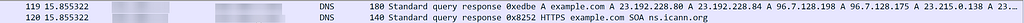 DNS query and response for example.com captured in Wireshark