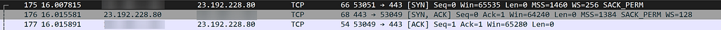 TCP three-way handshake packets captured in Wireshark