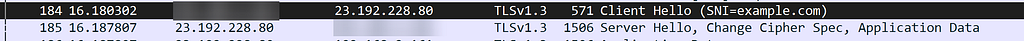 TLS 1.3 handshake packets including ClientHello and ServerHello in Wireshark