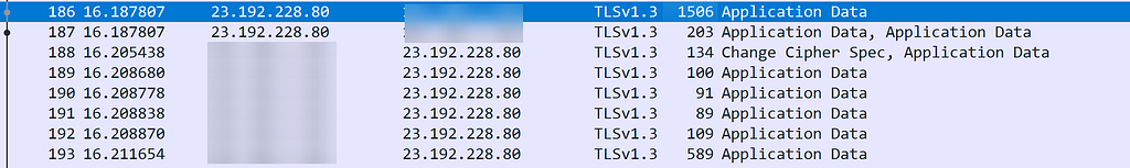 Encrypted TLS Application Data packets containing HTTP request and response