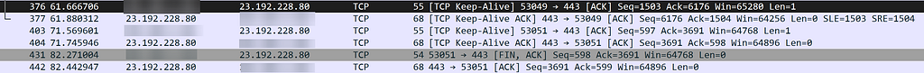 TCP FIN-ACK packets closing the connection, captured in Wireshark