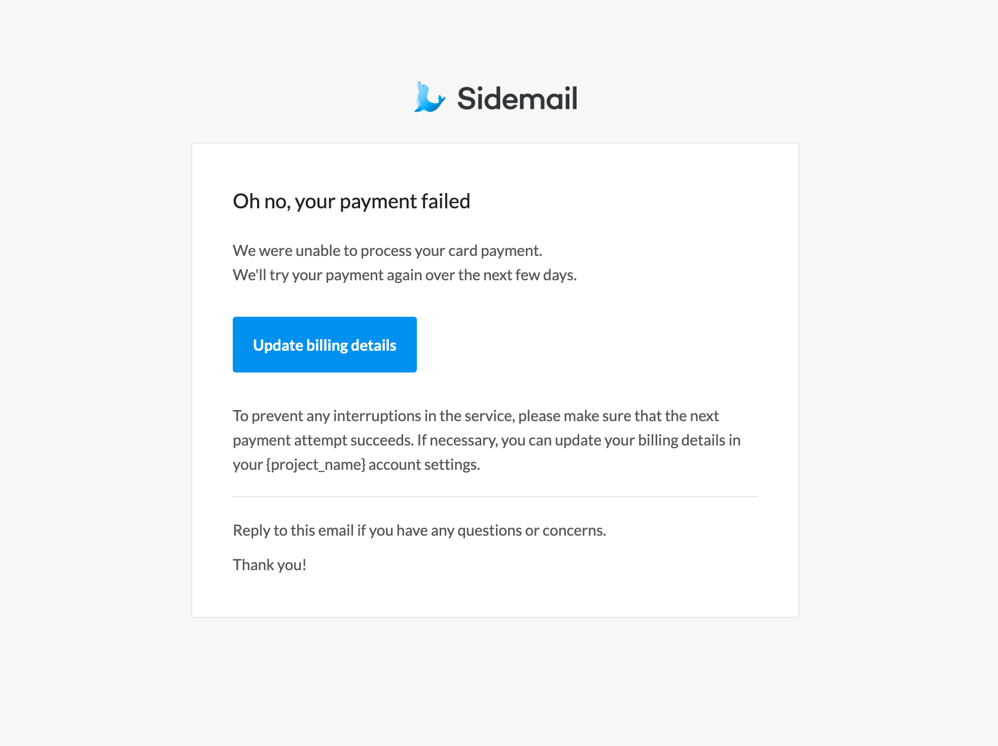 Payment failed email template image