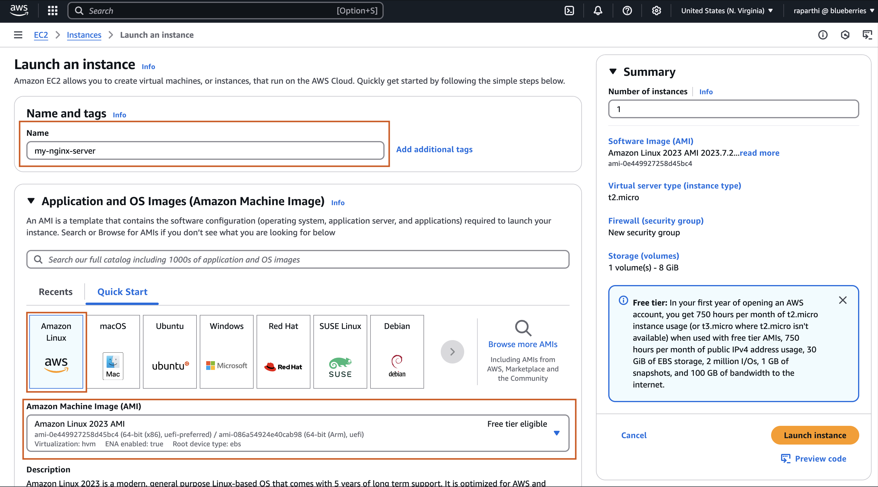 EC2 instance creation page