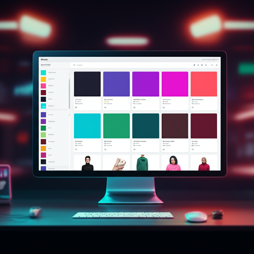  A futuristic, sleek digital dashboard showcasing colorful swatches integrating seamlessly within a diverse Shopify store layout in a hyper-realistic 4k quality, styled in a modern cyber aesthetic.