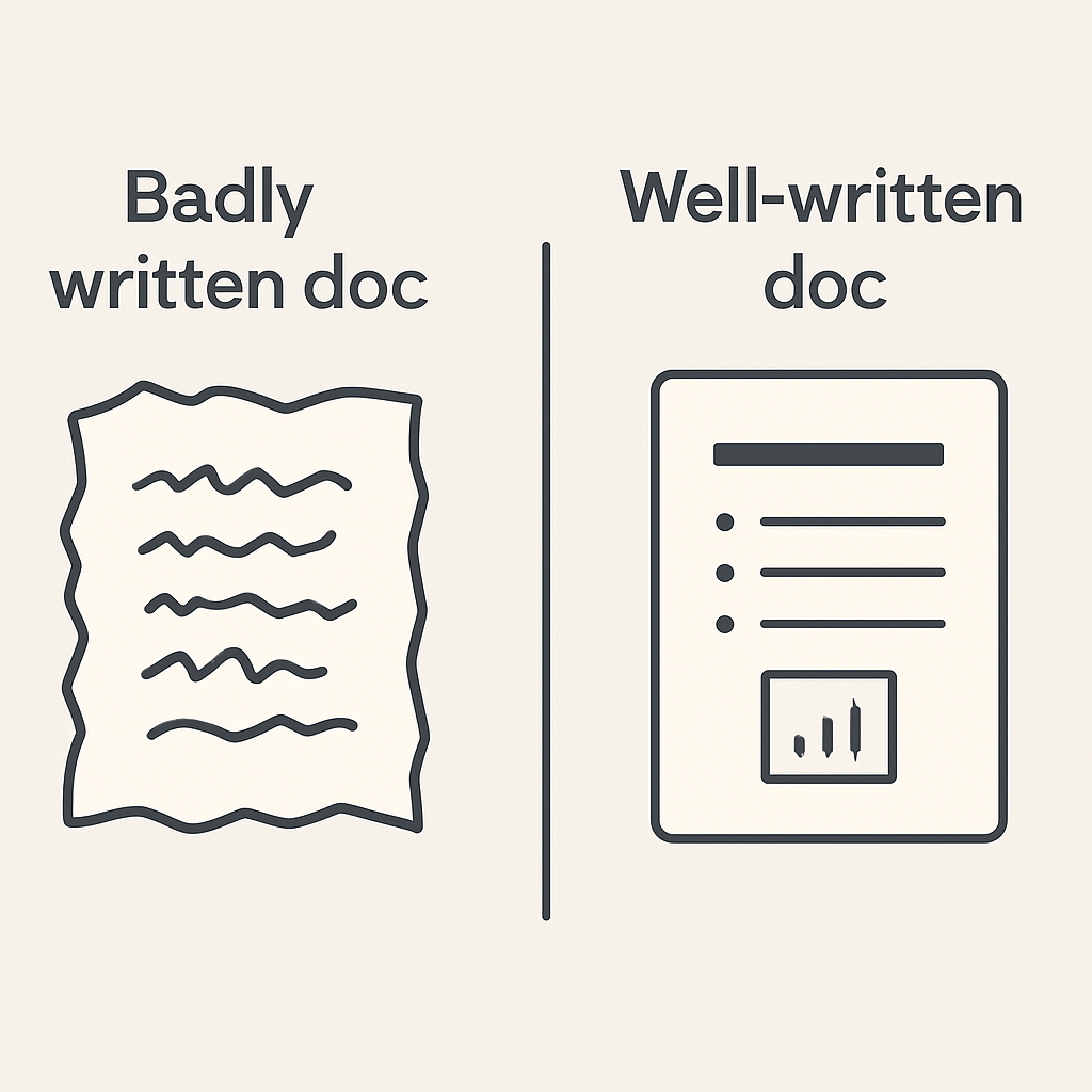 Side-by-side illustration comparing a badly written, scribbled design doc with a clean, well-structured design doc
