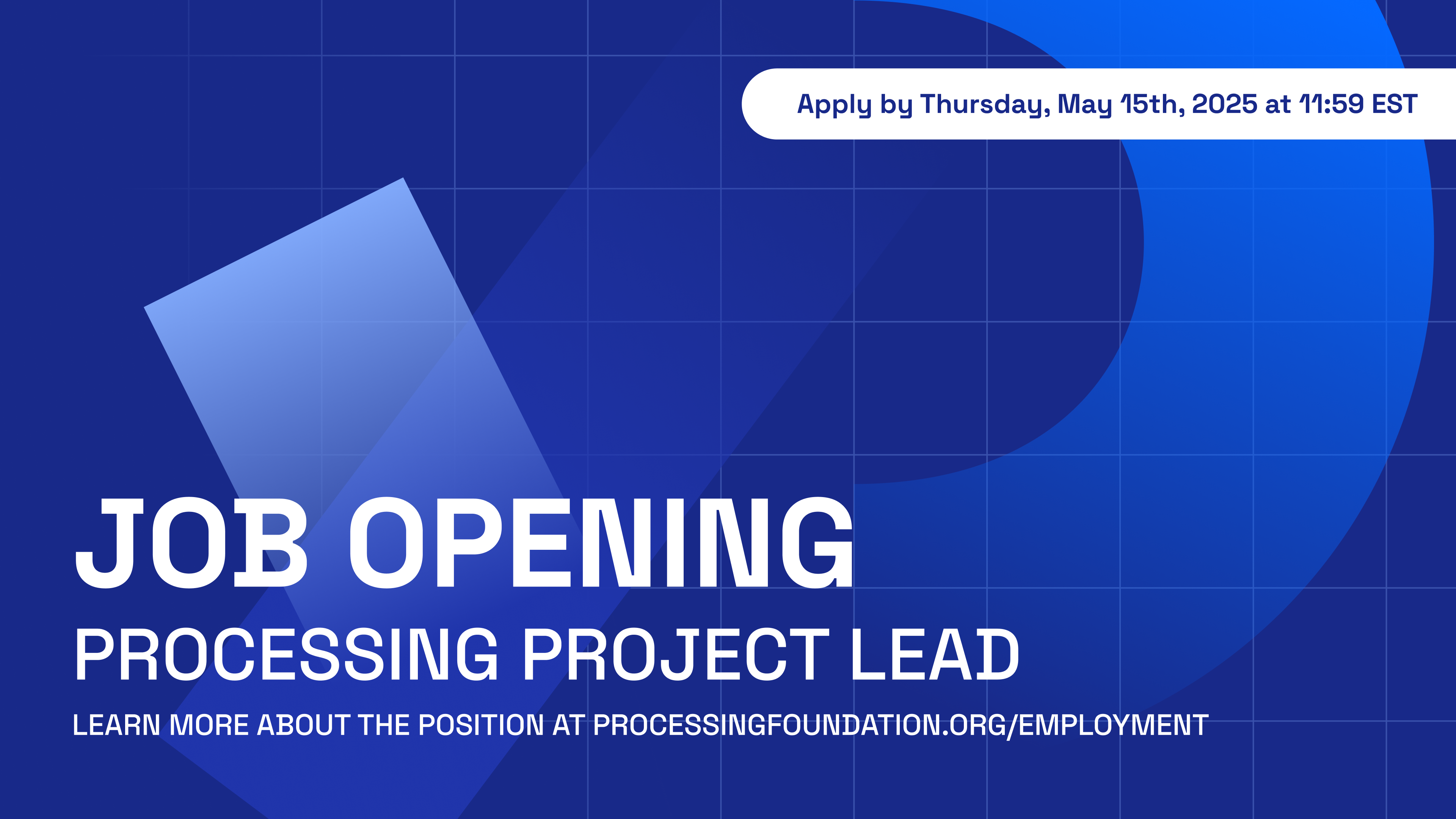 Blue graphic with grid background and geometric shapes resembling the Processing logo. White text reads: 