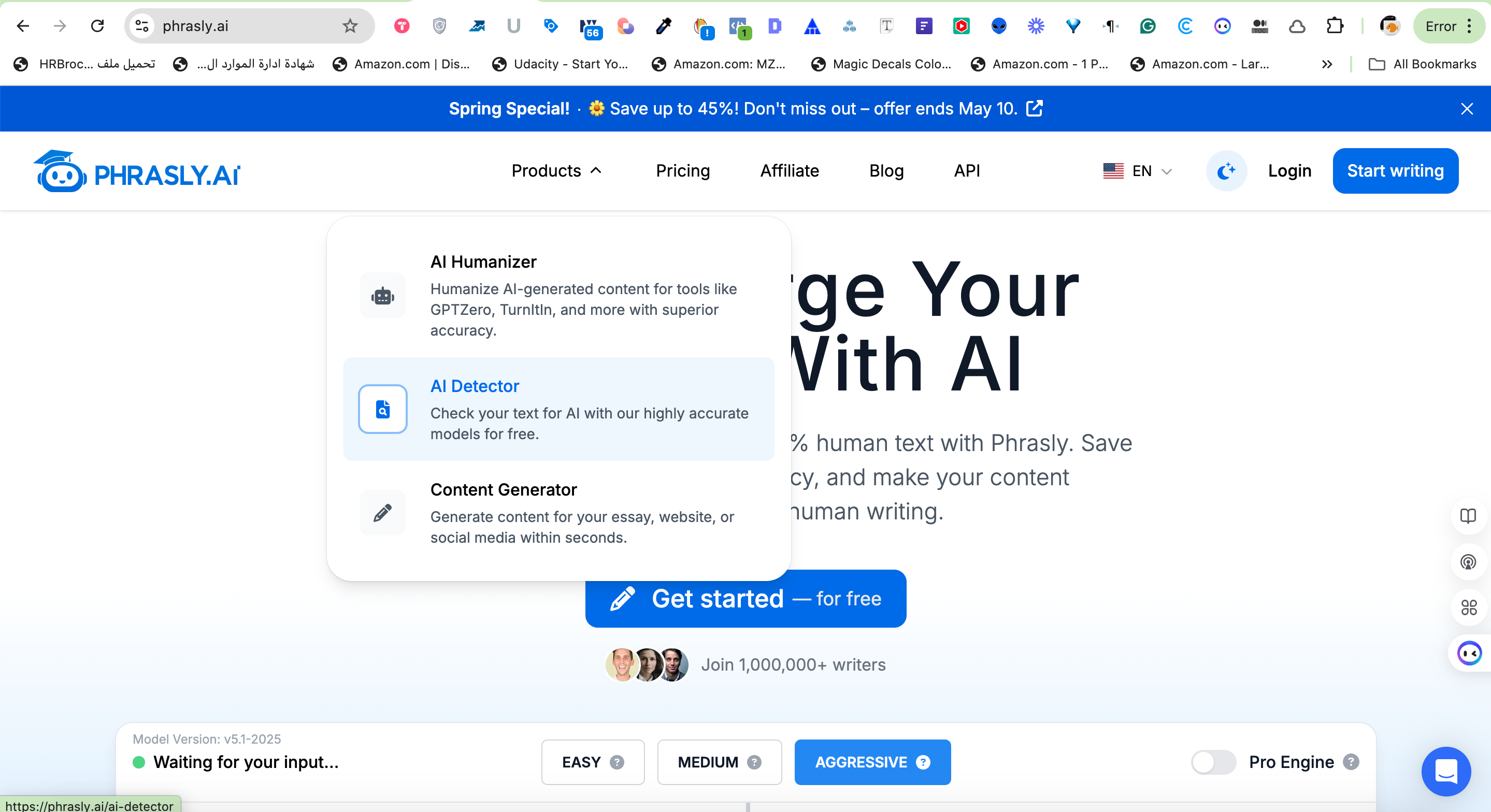 A Screenshot of the Phrasly AI Products Section & Selecting AI Detector from the menu