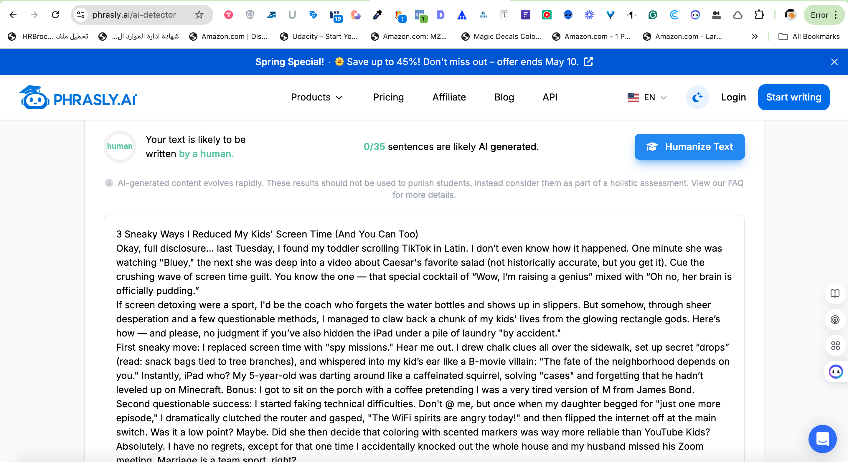 A Screenshot of the Phrasly AI Detector's result for the ChatGPT AI-generated sample