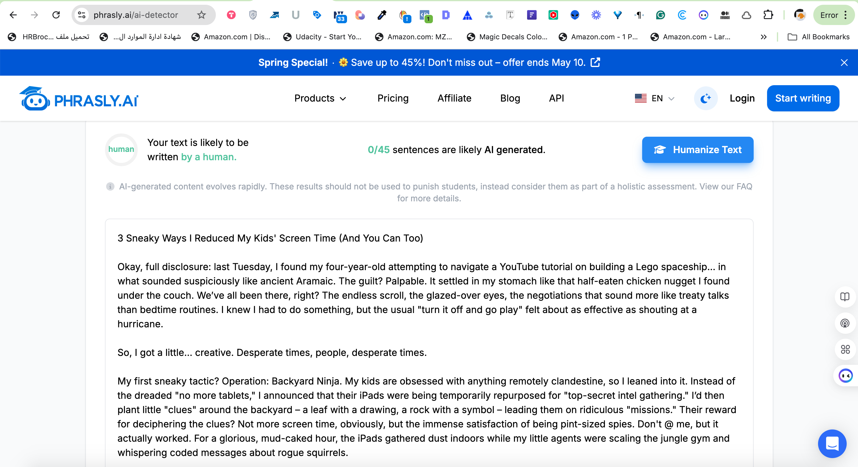 A Screenshot of the Phrasly AI Detector's result for the Gemini AI-generated sample