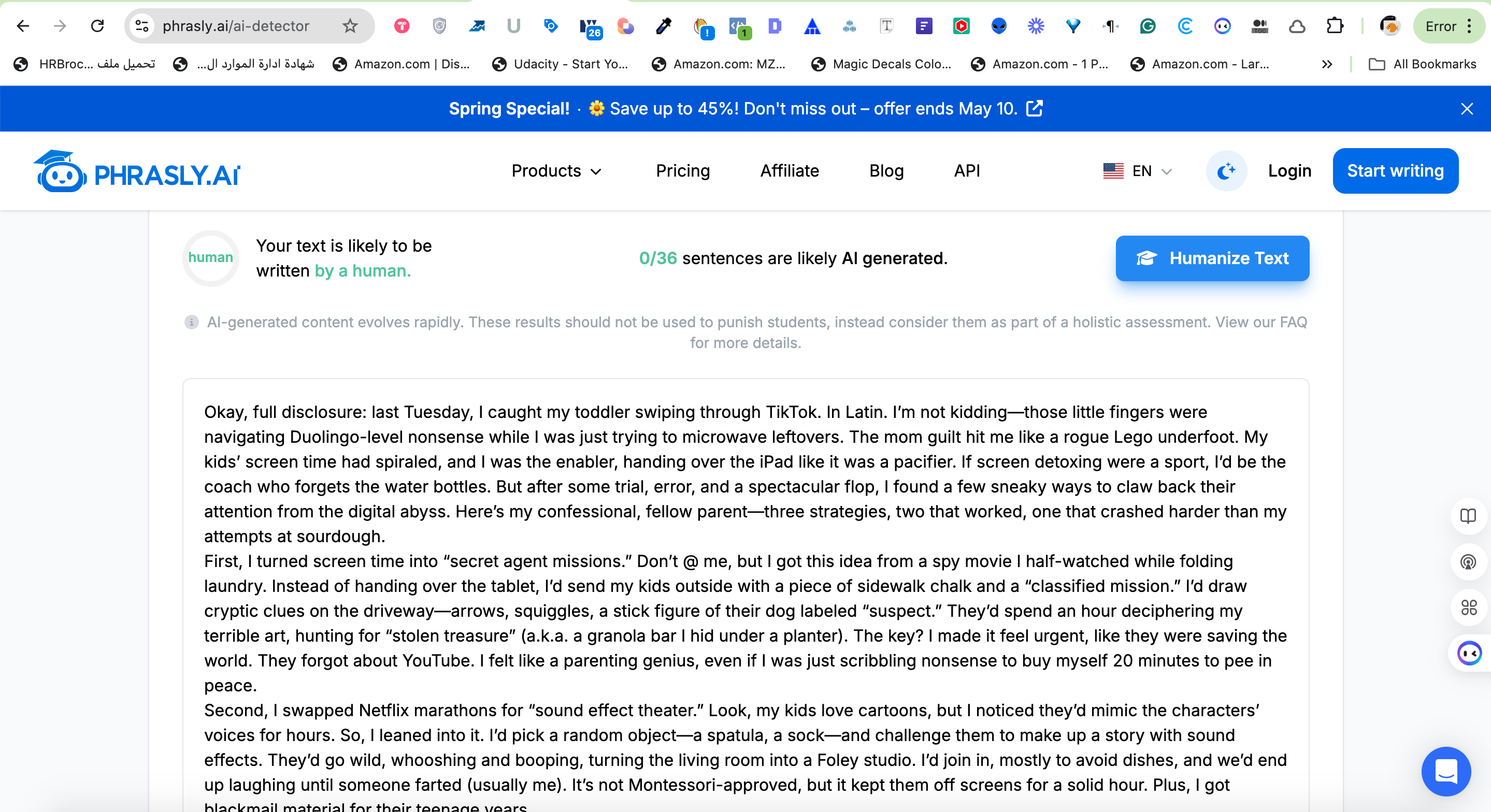 A Screenshot of the Phrasly AI Detector's result for the Grok AI-generated sample