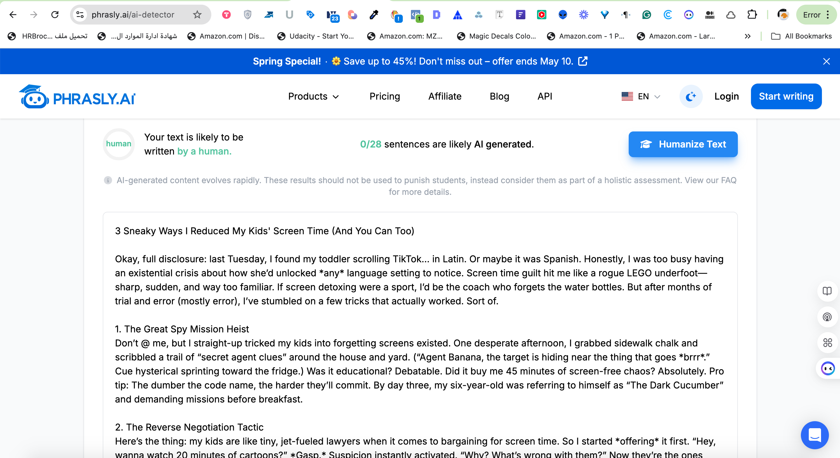 A Screenshot of the Phrasly AI Detector's result for the DeepSeek AI-generated sample