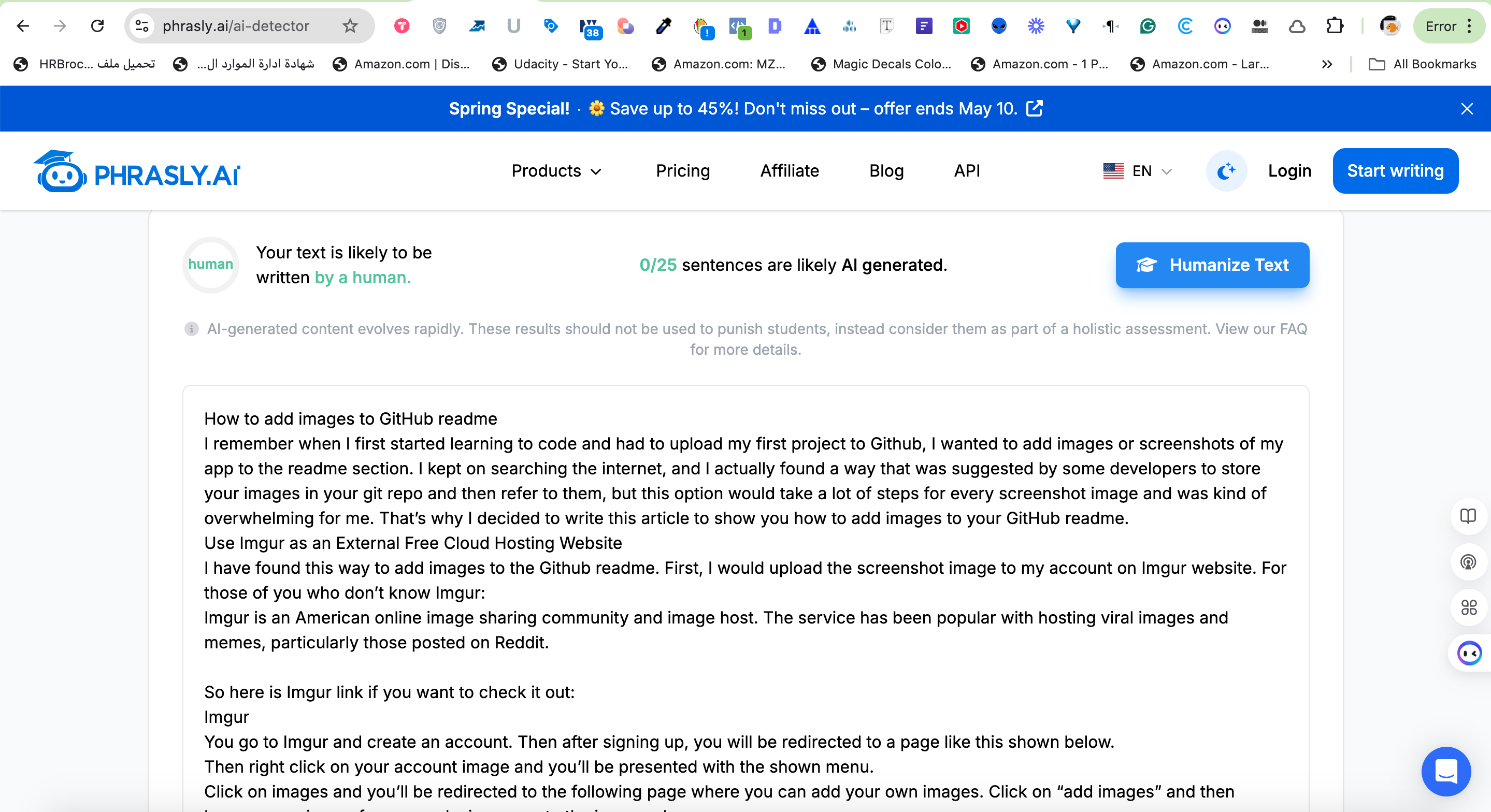 A Screenshot of the Phrasly AI Detector's result for the Human-written  sample