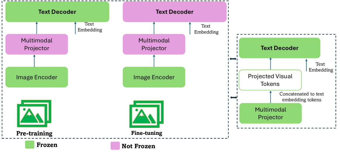 Overview of VLM architecture showing pretraining and fine-tuning stages. Visual embeddings from an image encoder are projected into a shared space and concatenated with text tokens. During pretraining, only the projector is trained to align visual and textual representations. In fine-tuning, the decoder is adapted to downstream tasks like object detection. This modular design supports flexible multimodal learning, enabling VLMs to generalize across vision-language tasks such as grounding, captioning, and 3D object detection.