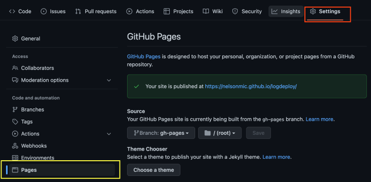 pages configuration menu