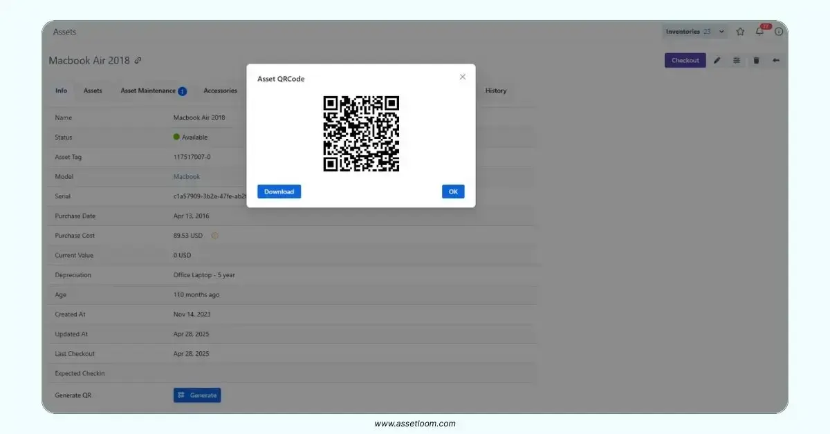 AssetLoom generates QR codes based on asset tags