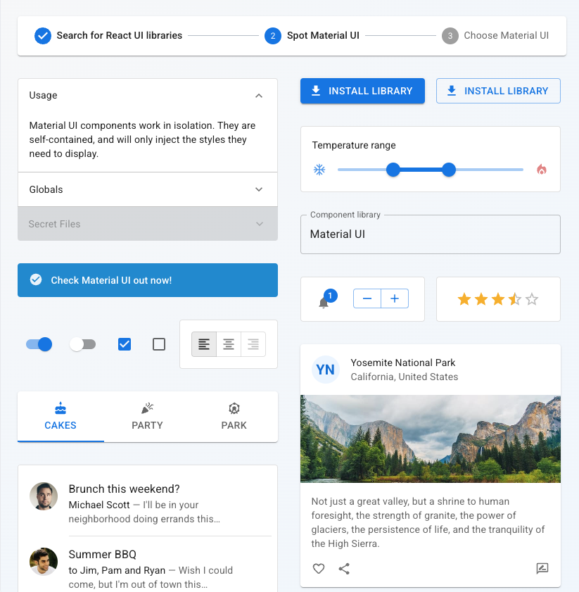 A sample display of MUI components. It highlights MUI's free tools, including Material UI and other design system components.