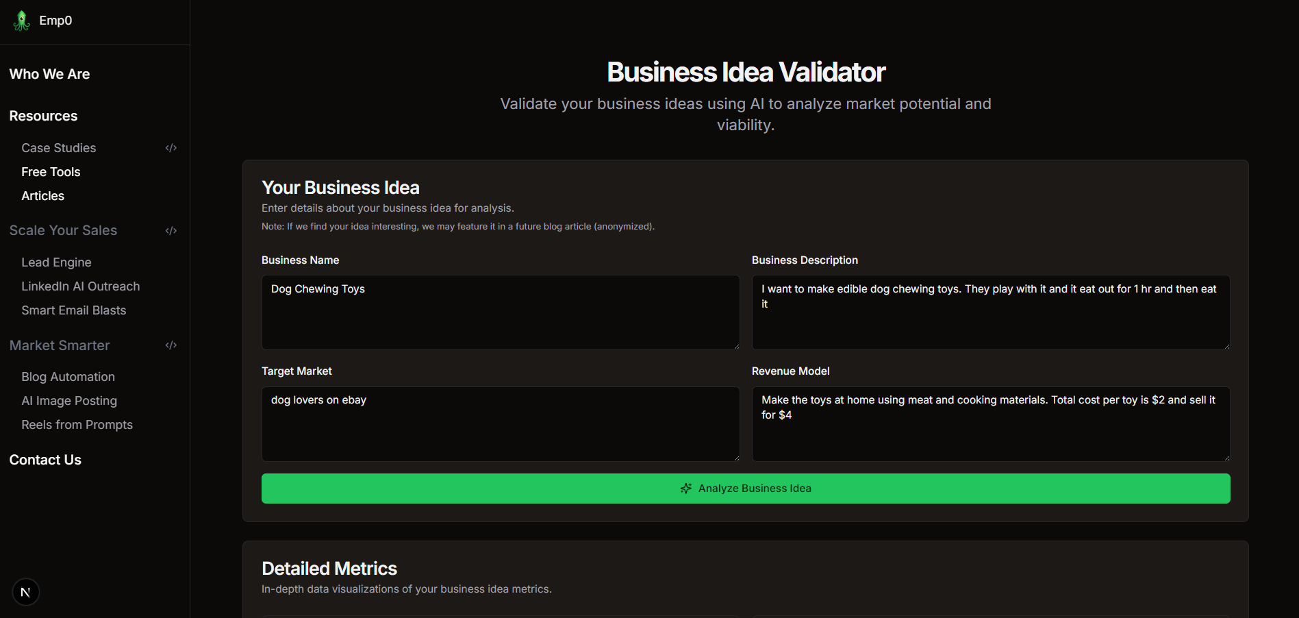 Business Model Validator using AI on Emp0 website