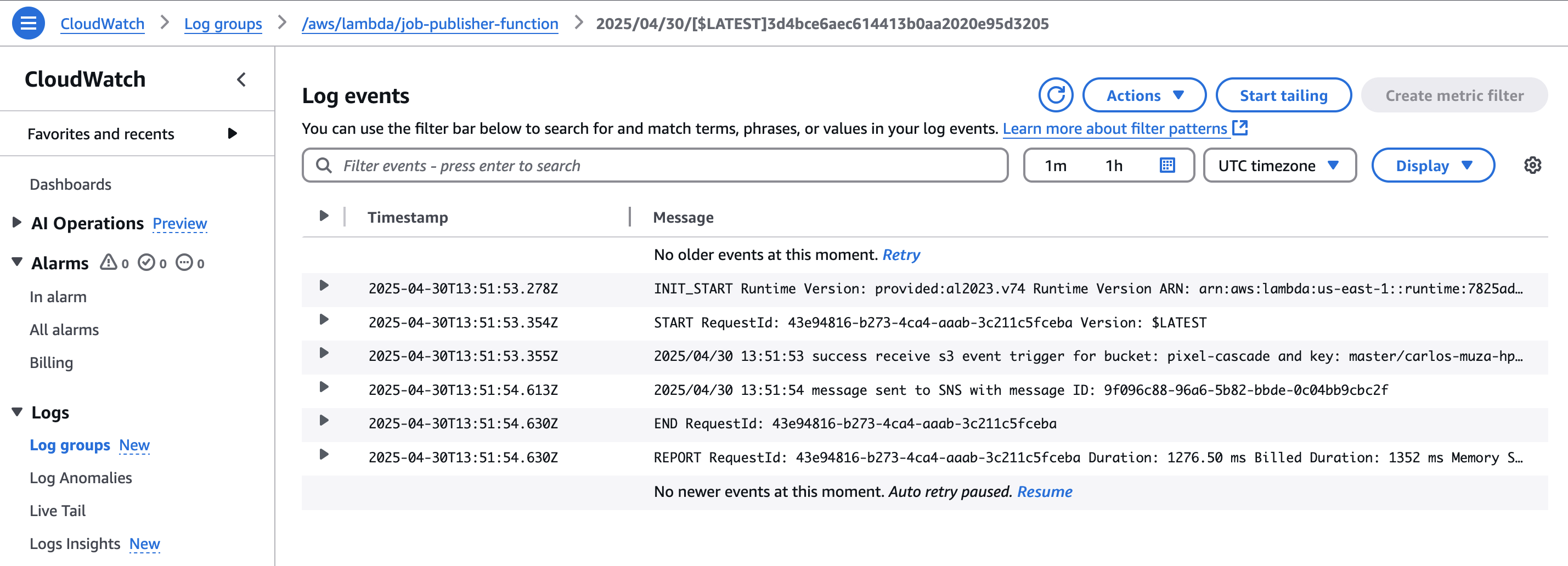 Monitor Lambda execution logs in CloudWatch