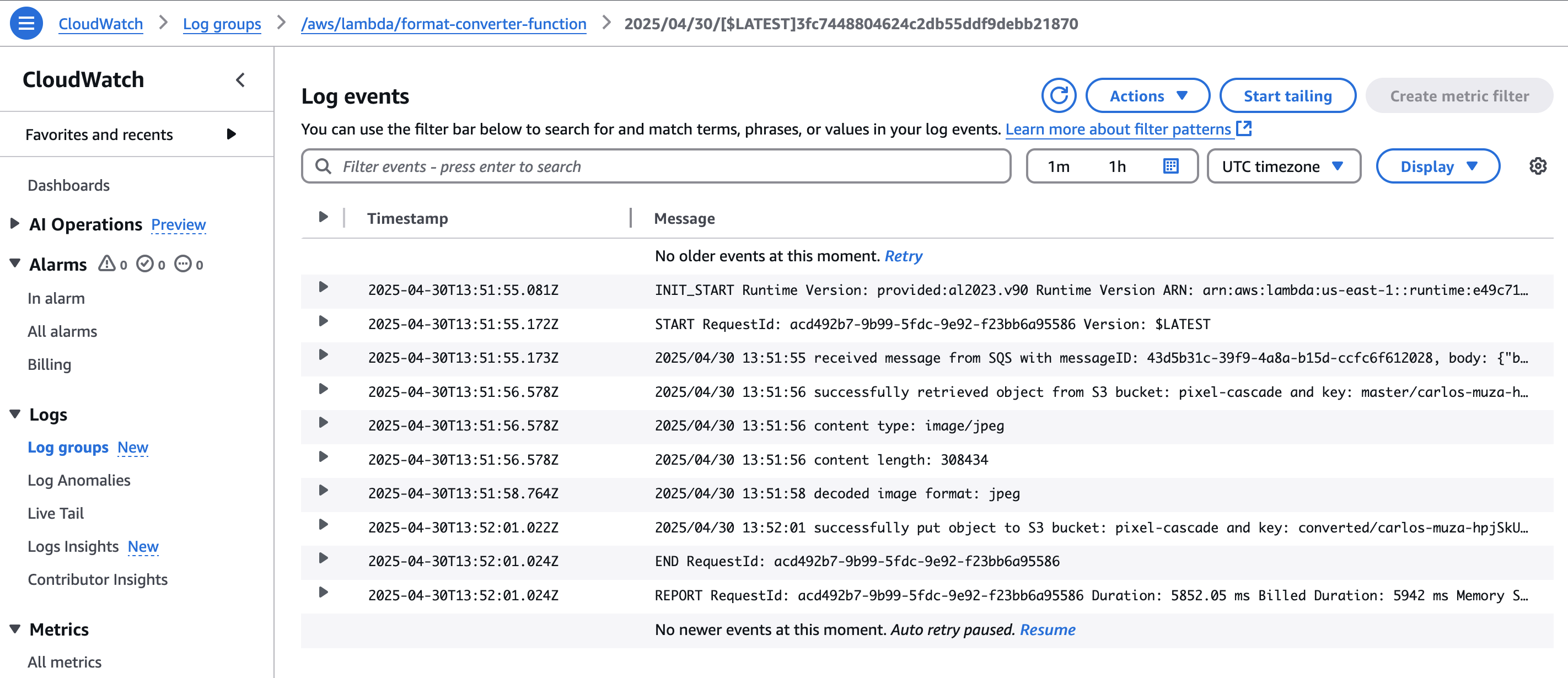 Monitor Lambda execution logs in CloudWatch