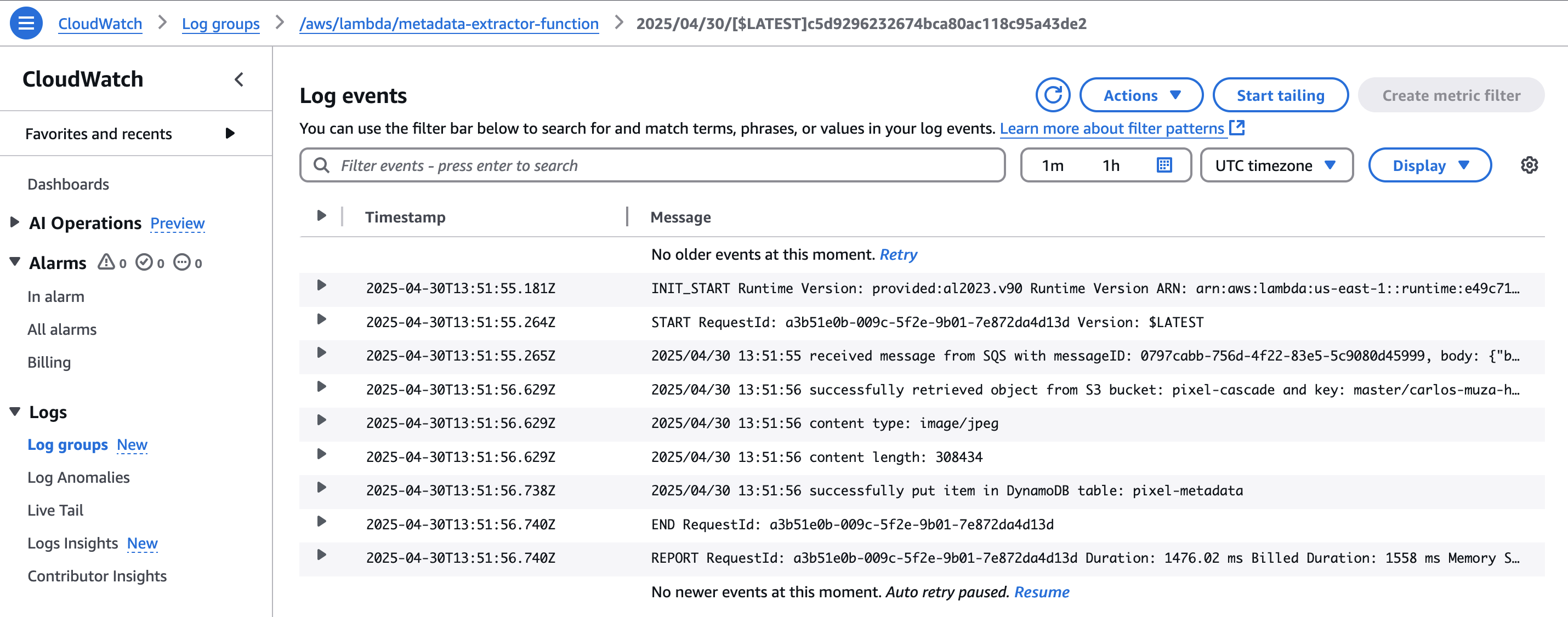 Monitor Lambda execution logs in CloudWatch