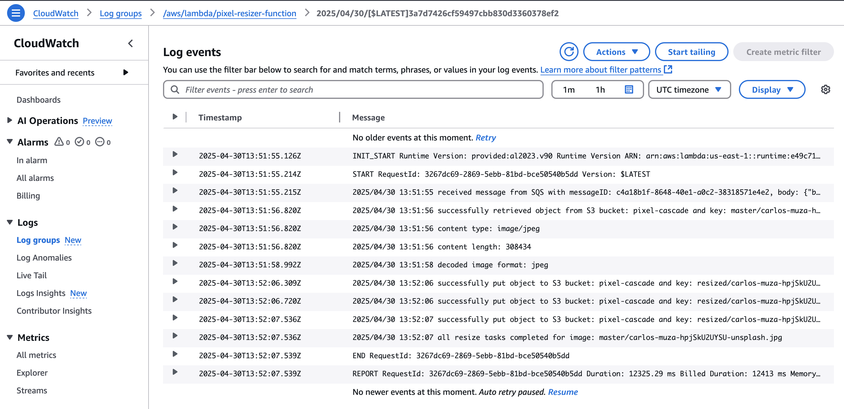 Monitor Lambda execution logs in CloudWatch