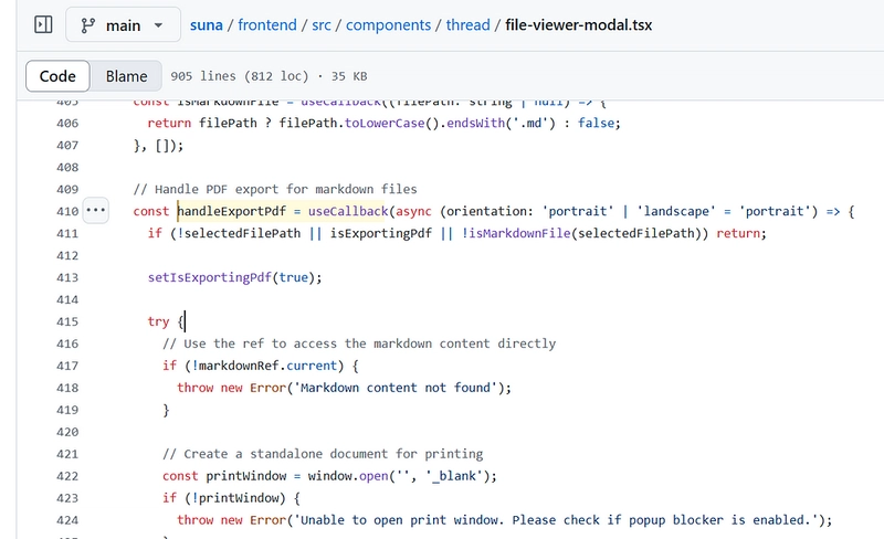 handleExportPdf() in Suna, an open source generalist AI agent.
