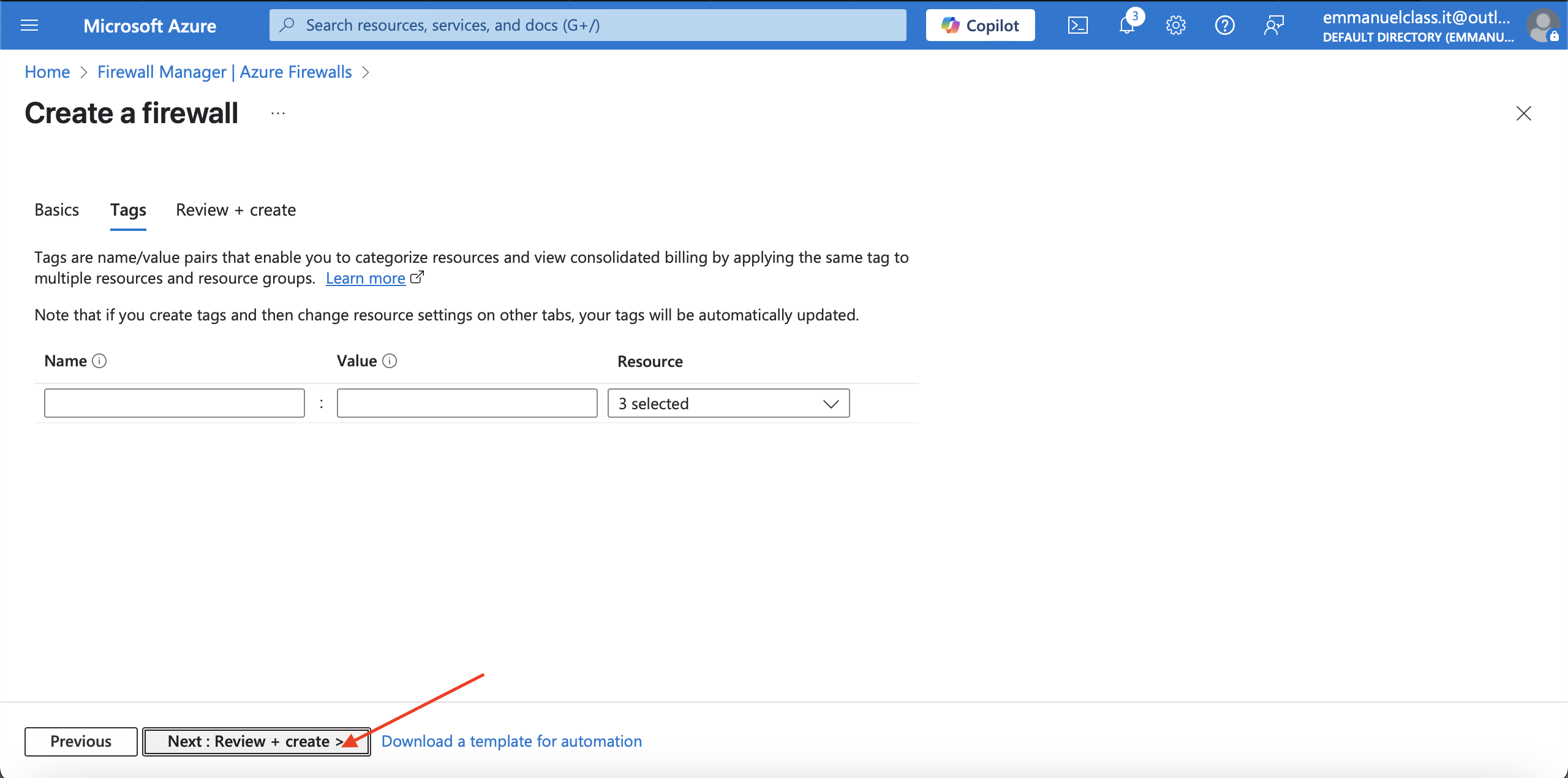 Review+Create to validate