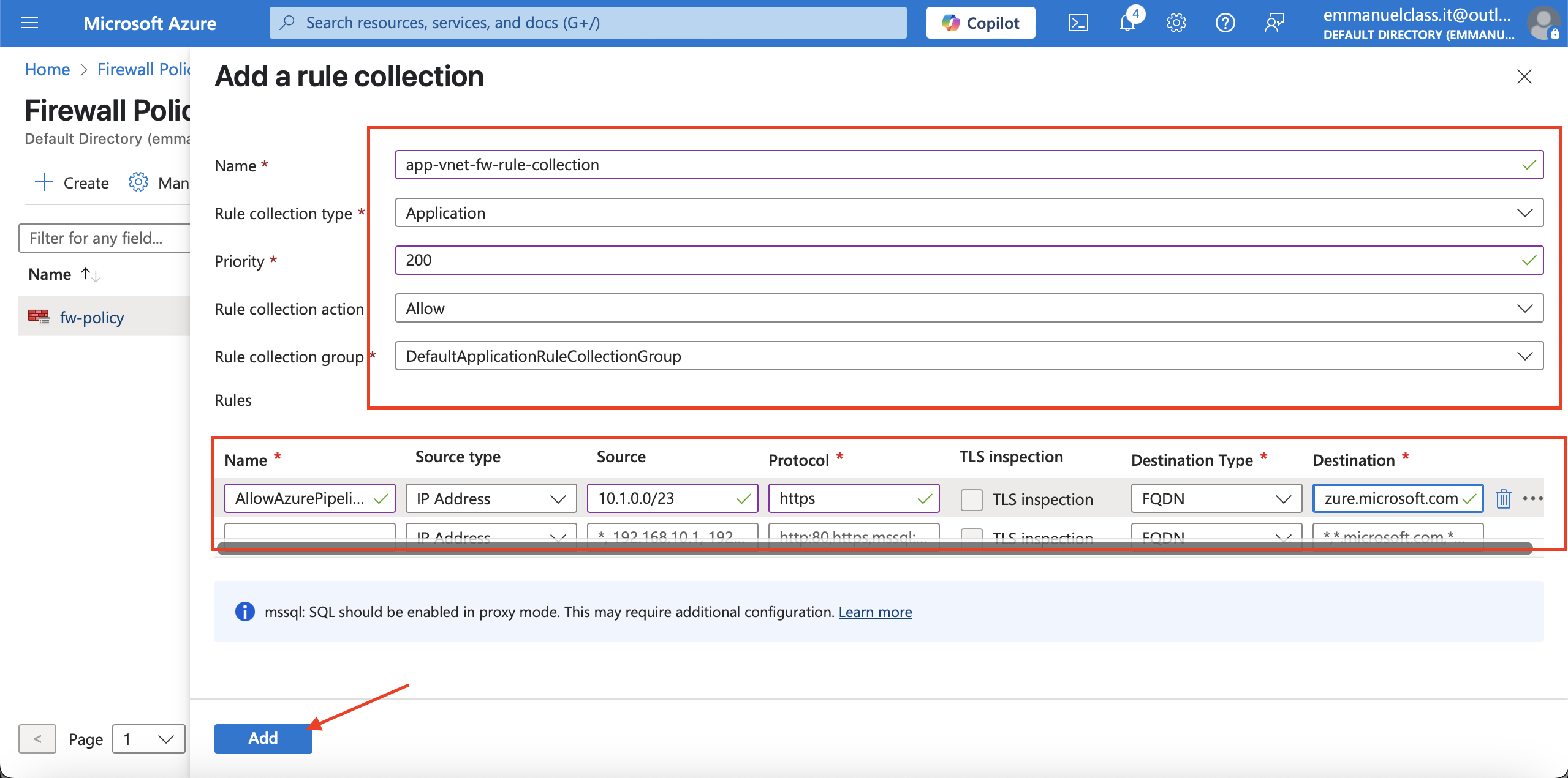 Configuring application rule colection