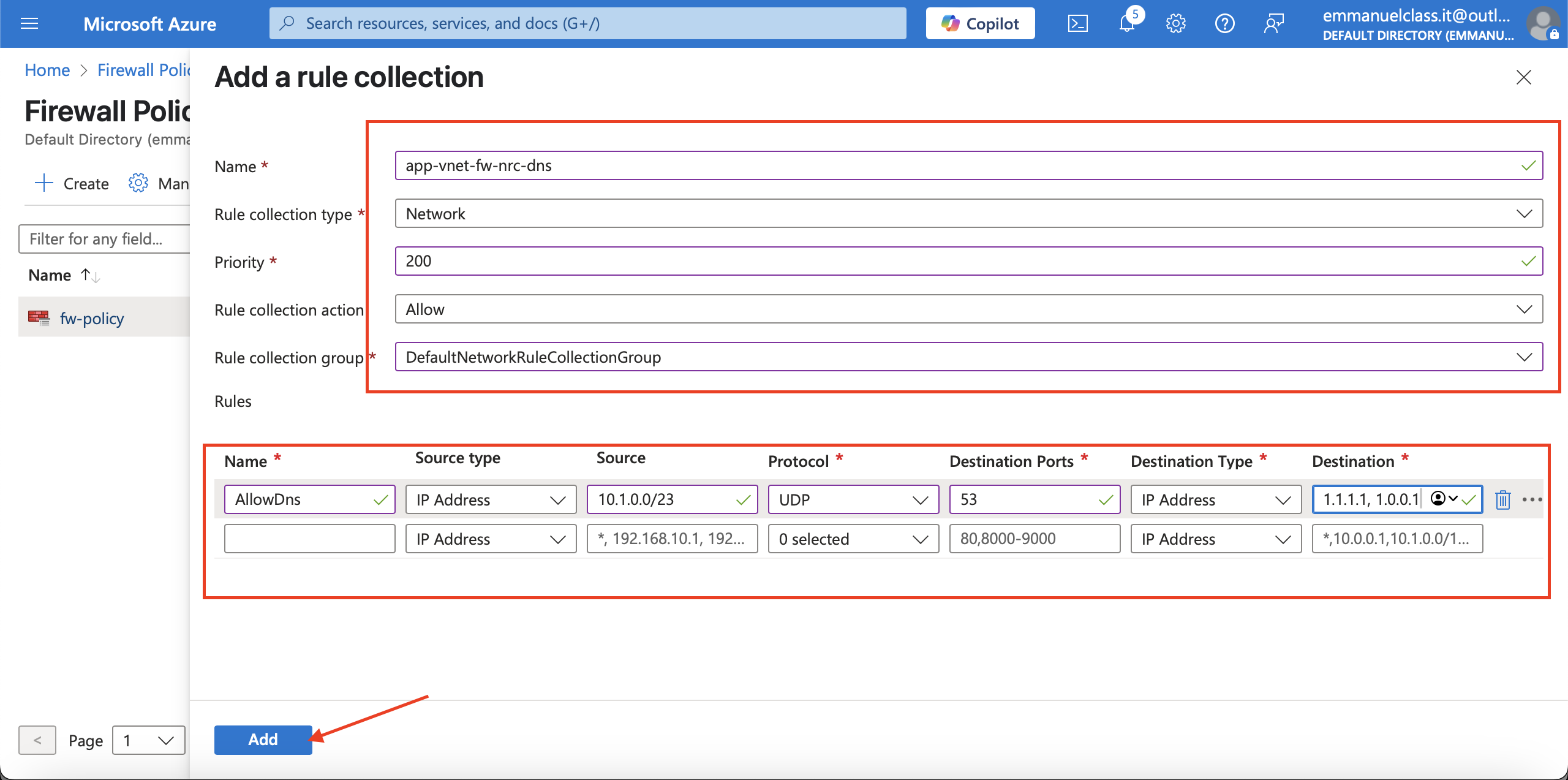 Configuring the network rule