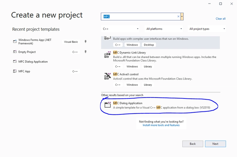 Visual C++ MFC Dialog Application Templates for Visual Studio
