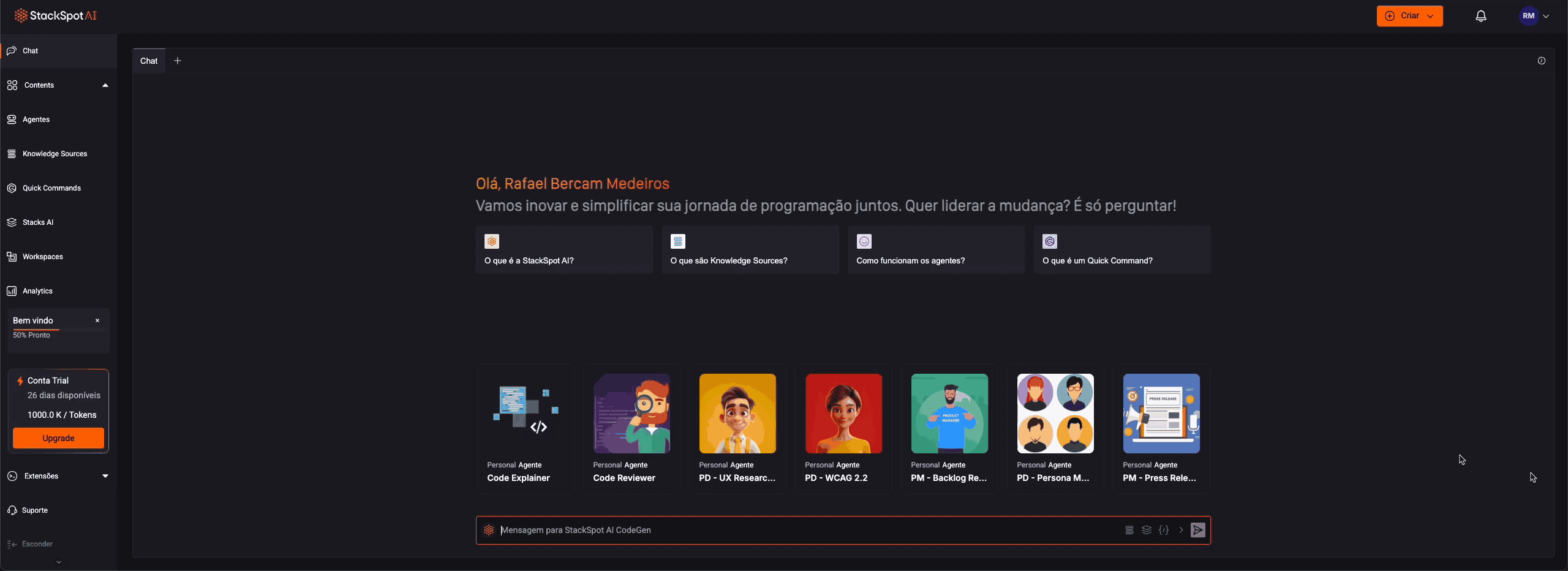 Gif mostrando o chat na página inicial da StackSpot AI