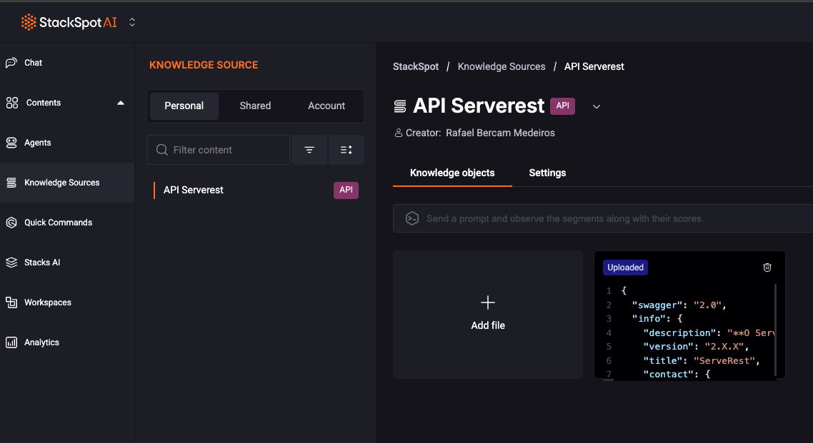 Upload do Swagger na StackSpot AI