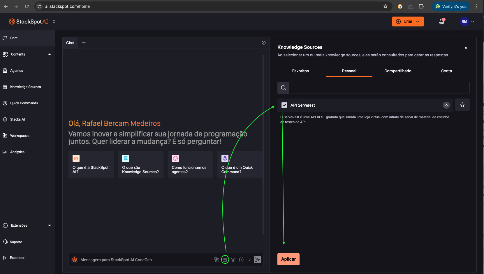 Selecionando a Knowledge Source no chat