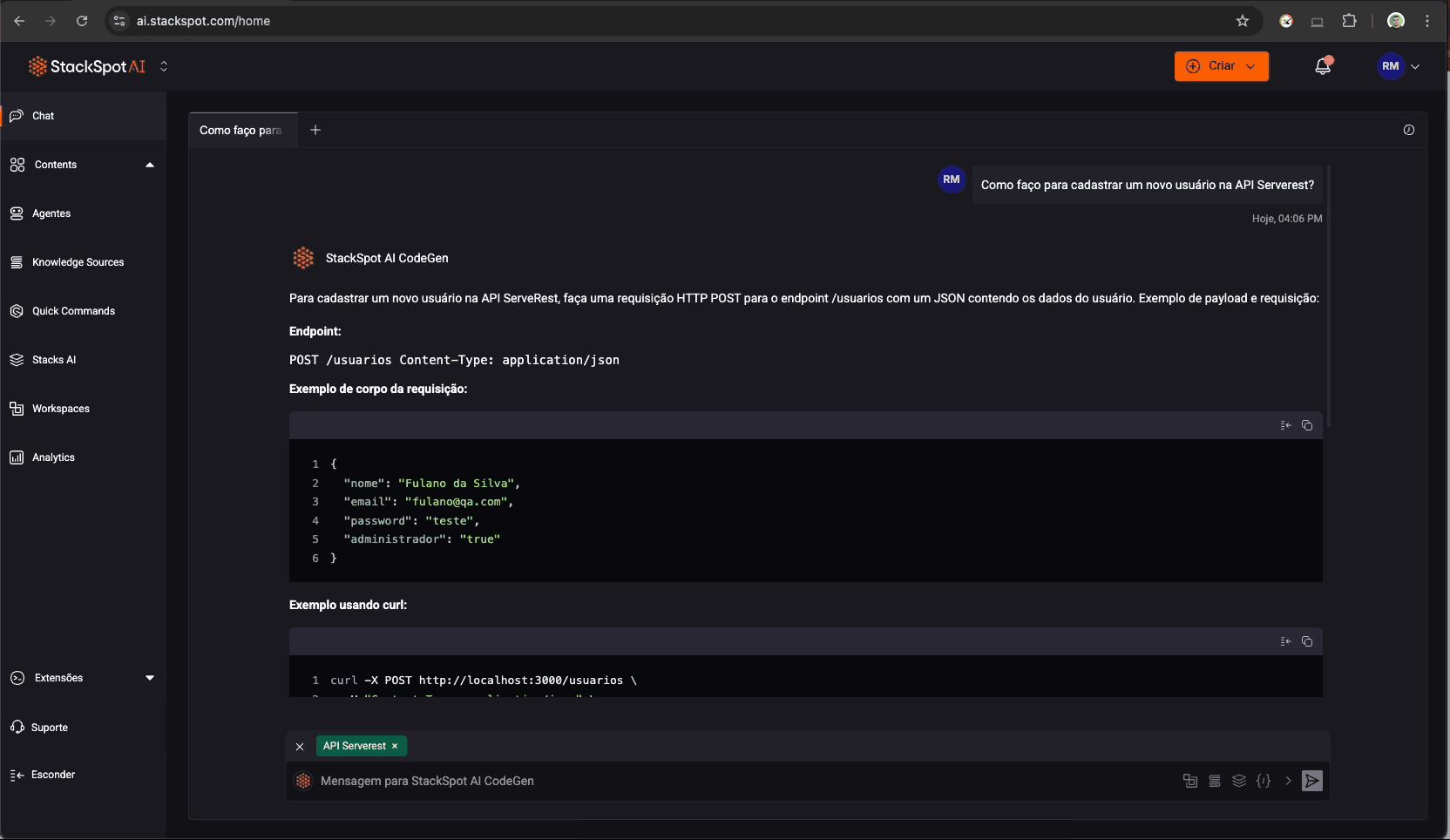 Exemplo de uso da API no chat