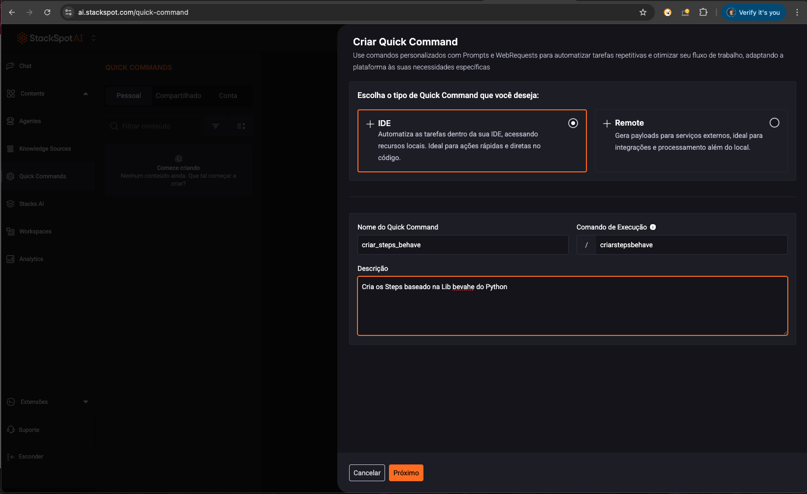 Criando um novo QuickCommand