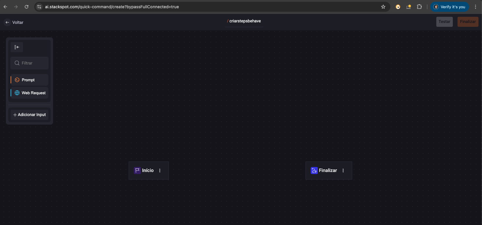 Tela de criação de prompts e requests