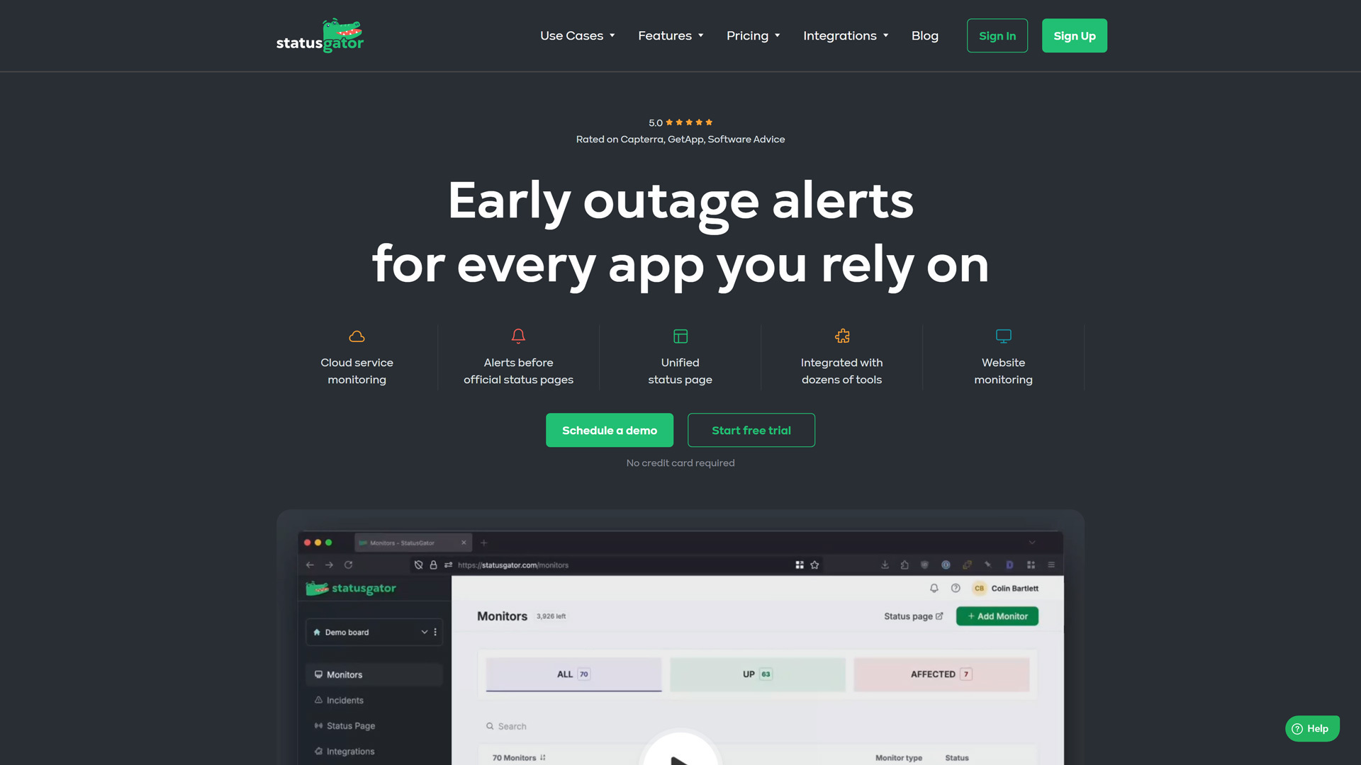 Home page of StatusGator