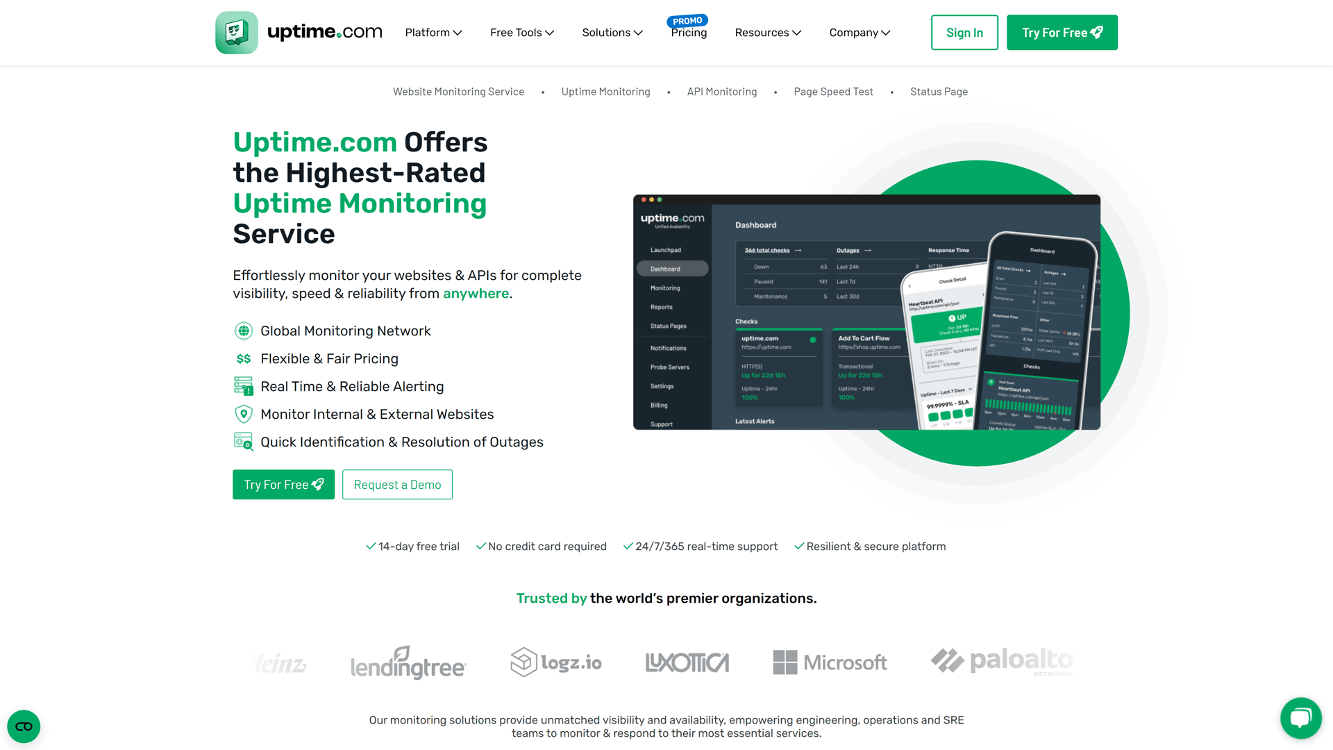 Screenshot of the Uptime.com home webpage