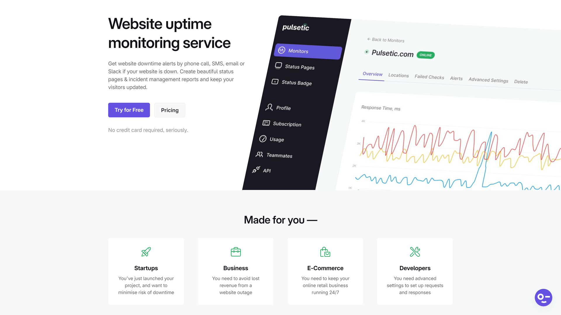 Screenshot of Pulsetic home page