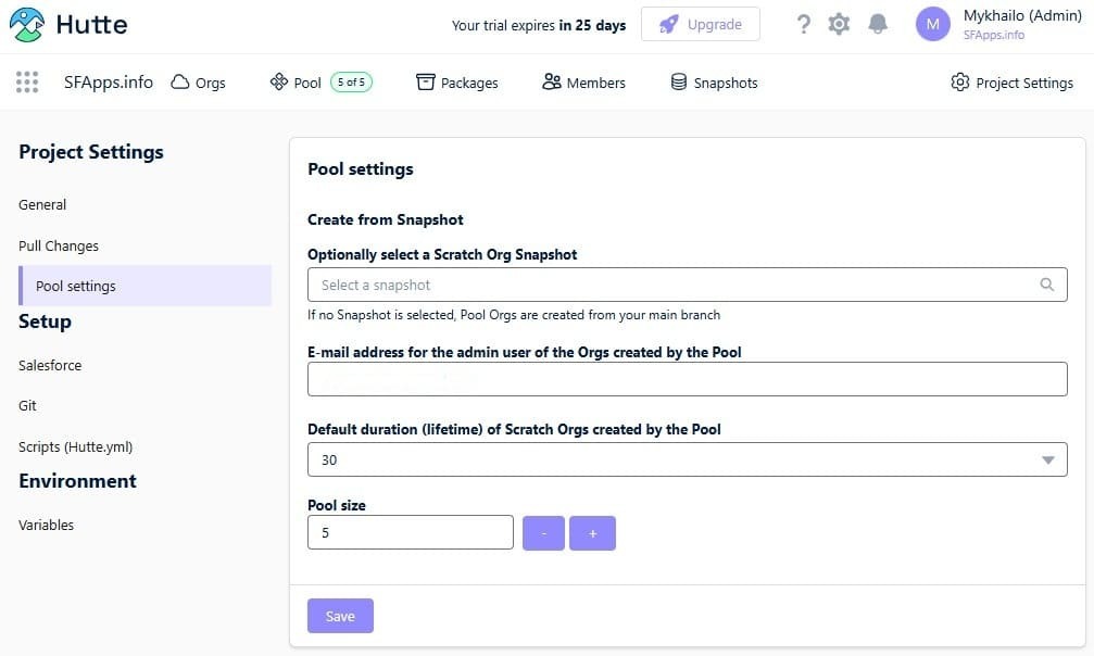 Org Pool setting in the Hutte interface