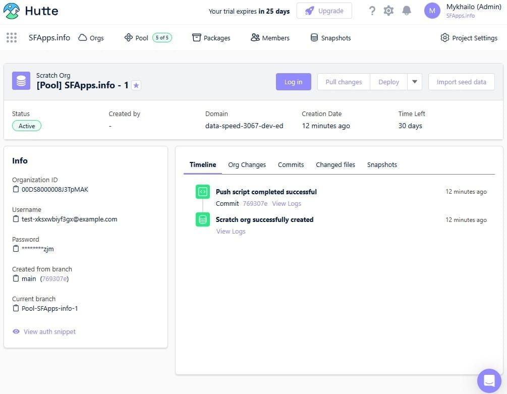 Interface of the newly created Scratch Org