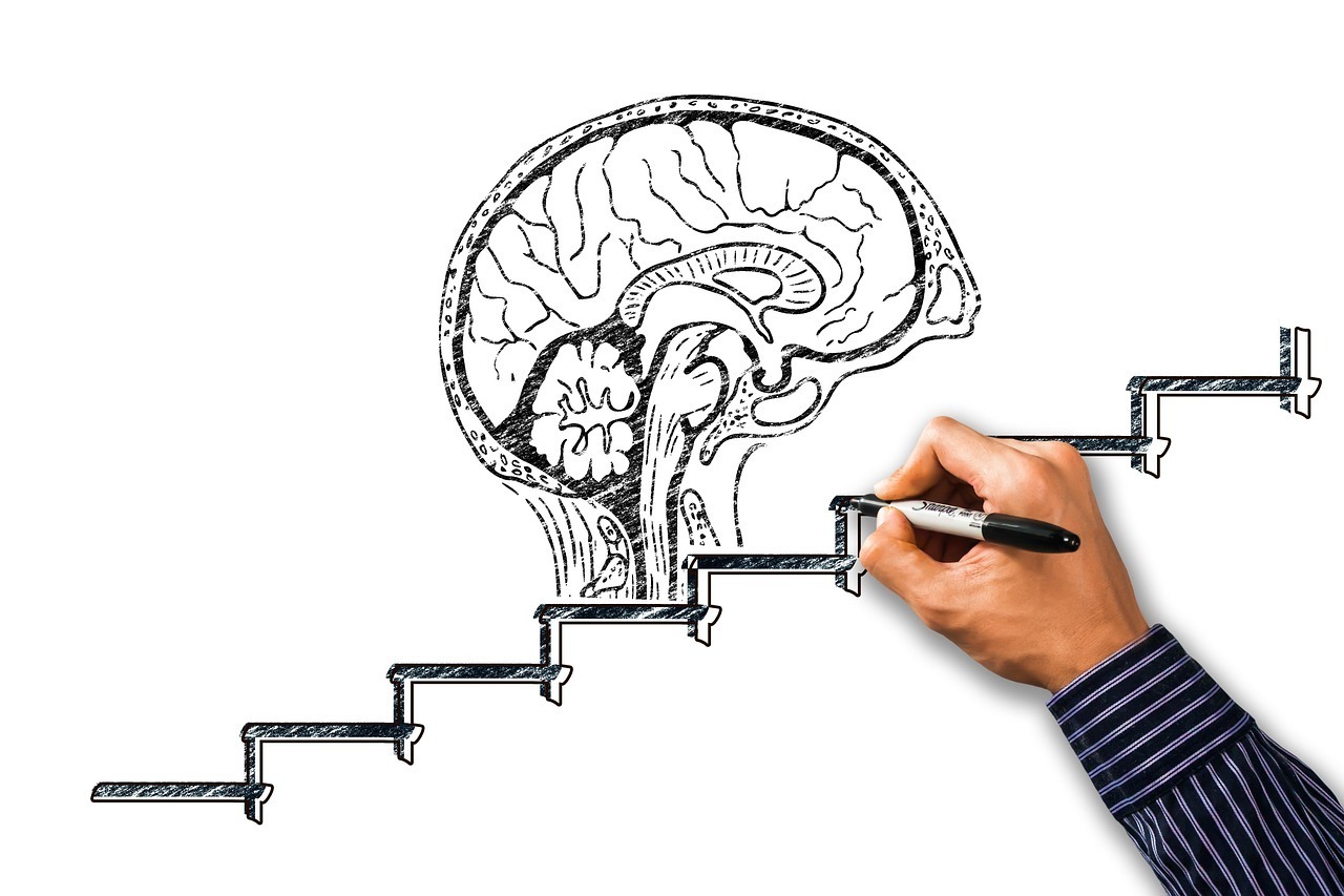 A hand uses black marker to draw a brain climbing a set of stairs