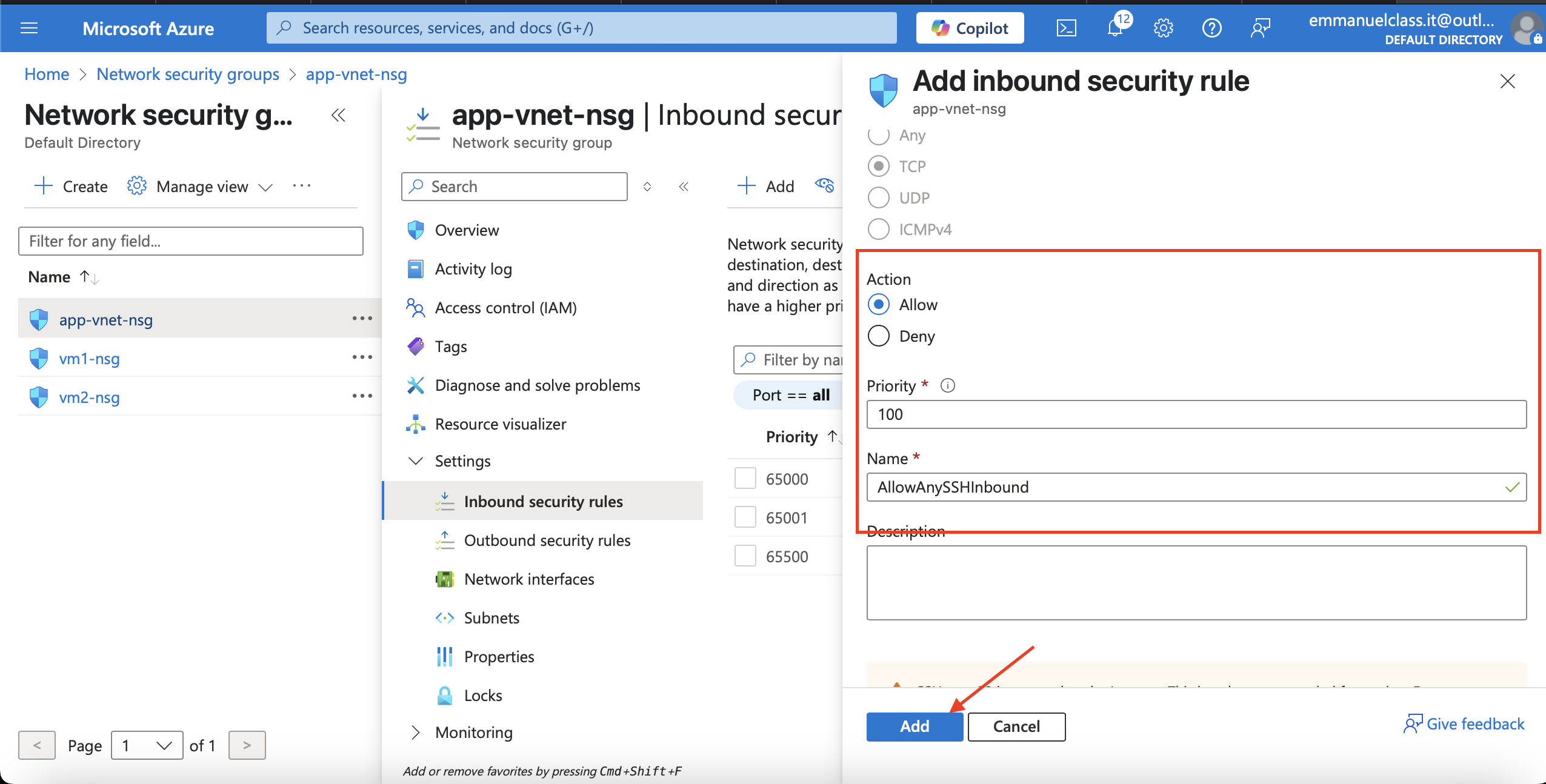 Cont.+Add inbound security rules